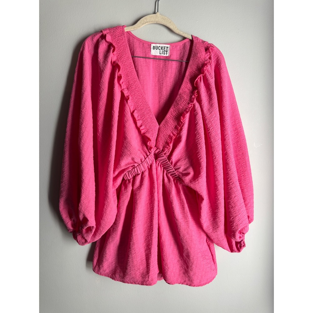 Bucket List Hot Pink Ruffle V-Neck Balloon Sleeve Romper Small Made in USA